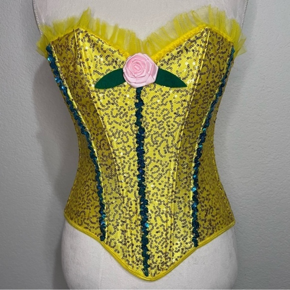 Satin Yellow with Gold & Blue Sequins Corset Top Small